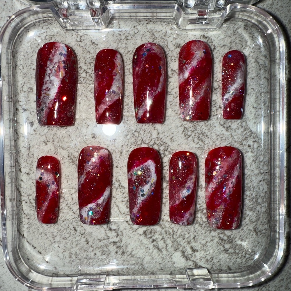 Red and White Swirl Press-On Nails
